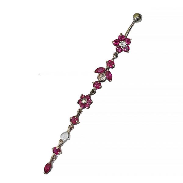 BELLY BUTTON PIERCING WITH SILVER FLOWERS DANGLING