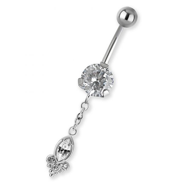 Banane de nombril en acier avec cristal et pendentif à goutte et trois brillants
