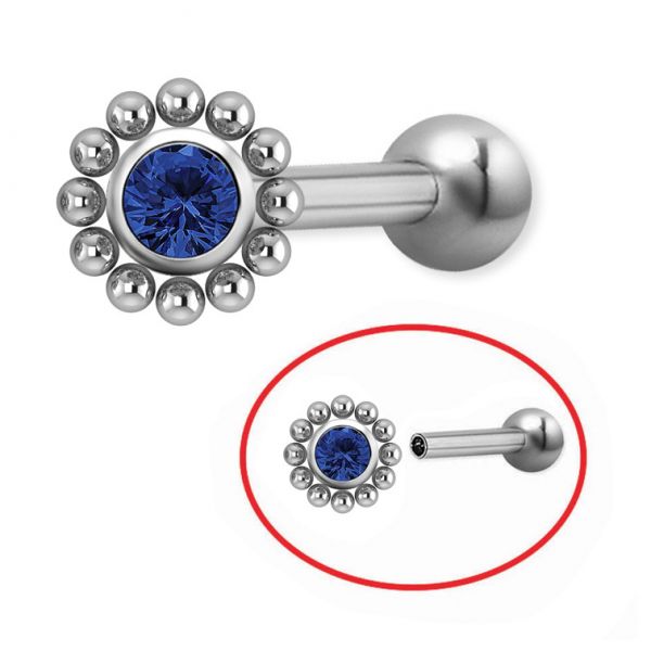 Bar piercing and component with crystal and spheres