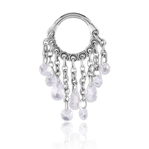 Steel earring with hanging chains and crystals