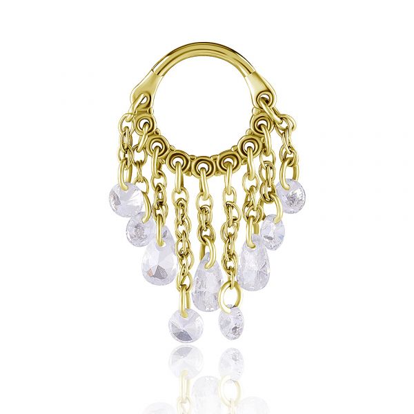 Golden piercing with hanging chains and crystals