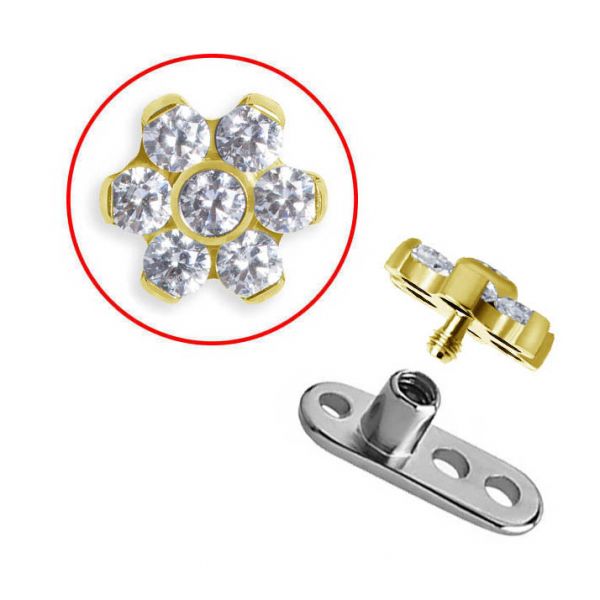 Microdermal with golden flower and white crystals