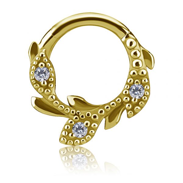 GOLD-PLATED CLICKER RING WITH LEAVES AND PREMIUM ZIRCONIA