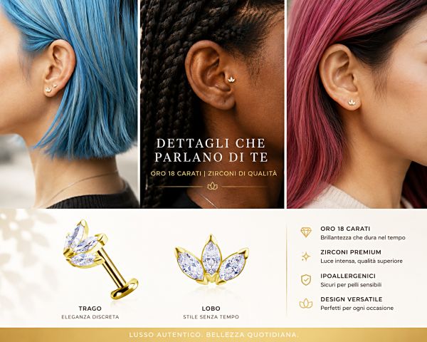 PIERCING AVEC LABRET ET PIÈCE DE FLEUR AVEC CRISTAUX D'OR