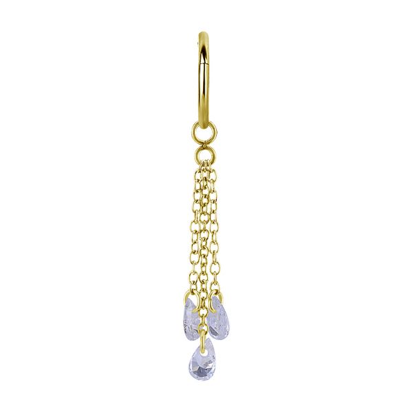 Golden earring and charm with chains and zirconia crystals