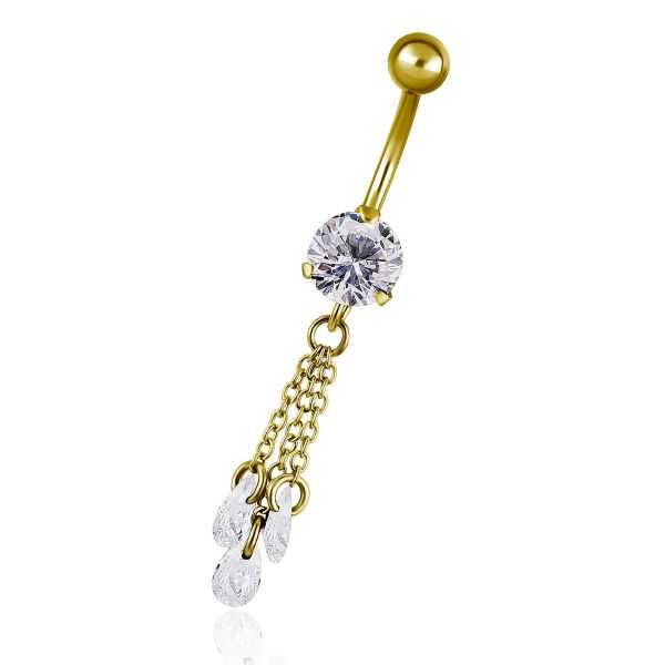 Gold plated belly button piercing with three hanging crystals