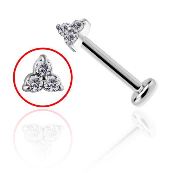 Lip piercing with a trio of Zirconia crystals