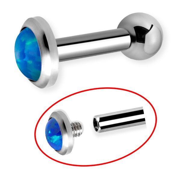 Piercing tragus with internal thread and synthetic opal