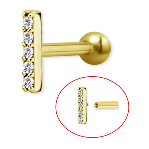 Gold-plated piercing with rectangle and crystals