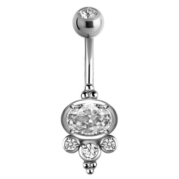Tribal belly banana piercing with cubic zirconia