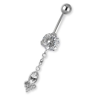 BANANE DE NOMBRIL EN ACIER AVEC CRISTAL ET PENDENTIF À GOUTTE ET TROIS BRILLANTS