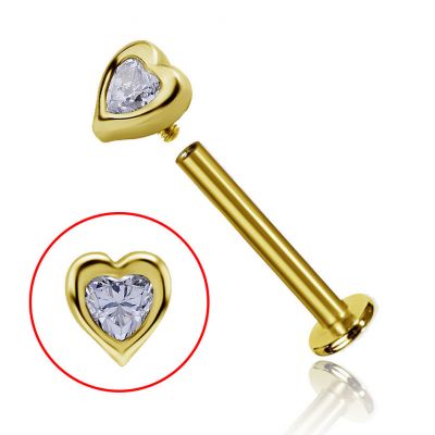 GOLD LABRET WITH INTERNAL THREAD AND CRYSTAL HEART