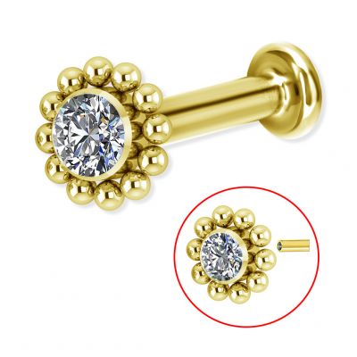 PIERCING LABRET CHAPADA EN ORO CON ROSCA EXTERNA Y CRISTAL