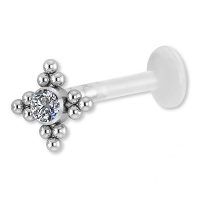 LABRET CON CRISTAL PREMIUM Y CUATRO PUNTAS FORMADAS DE TRES BOLAS
