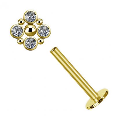 GOLDEN LABRET PIERCING WITH FOUR CRYSTALS