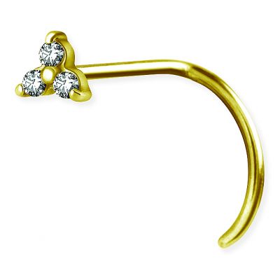 GOLD NOSE PIERCING WITH 3 CUBIC ZIRCONIA CRYSTALS